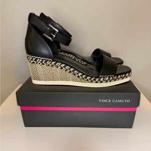 NIB Vince Camuto Black Espadrille Wedge Sandals with Ankle Strap